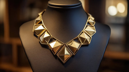 An elegant gold statement necklace showcased on a black display, featuring geometric shapes that reflect light beautifully, perfect for a fashion accessory.の素材