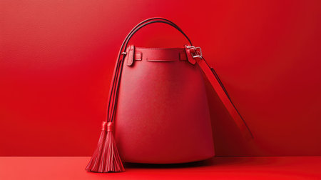 This stylish red bucket handbag featuring elegant tassels embodies sophistication with its vibrant color and modern design, perfect for fashion lovers.の素材