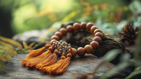 Close-up of an elegant wooden bracelet featuring orange tassels and natural beads, surrounded by a beautiful nature backdrop, symbolizing tranquility and style.の素材