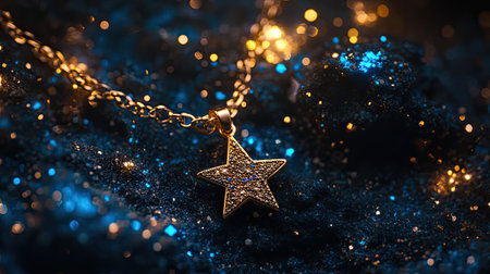 This stunning image features an elegant golden star necklace resting on a sparkling blue surface. The background is filled with shimmering lights and glitter, creating a magical ambiance. Perfect for showcasing jewelry design.の素材