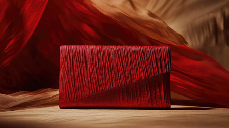 This image features an elegant red clutch purse with a unique pleated texture, beautifully set against a soft, flowing drapery background, highlighting luxury and style.の素材
