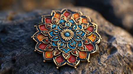 This striking image features an ornate mandala design resting on a textured stone surface. The vibrant colors and intricate details create an artistic focal point, perfect for backgrounds and creative projects.の素材