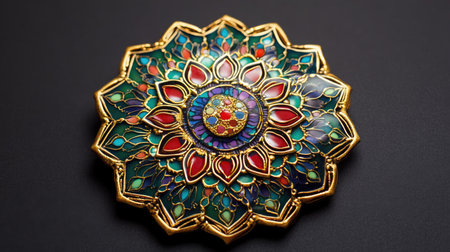 This image showcases a colorful decorative mandala featuring an intricate design with vibrant hues and a glossy finish, set against a dark background.の素材