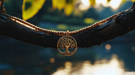 A beautifully crafted golden tree of life pendant hangs gracefully from a branch, with a serene water reflection in the background, capturing a peaceful nature moment.の素材
