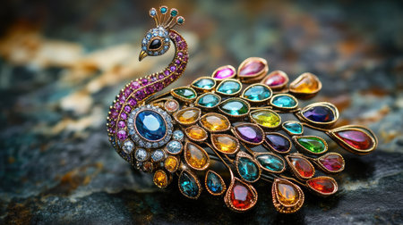 An exquisite peacock brooch featuring an array of colorful gemstones set in a vintage design. Perfect for fashion enthusiasts and jewelry collectors.の素材