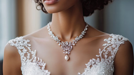 A stunning close-up of an elegant woman adorned in a beautiful necklace, capturing the essence of bridal luxury and sophisticated fashion in a soft atmosphere.の素材