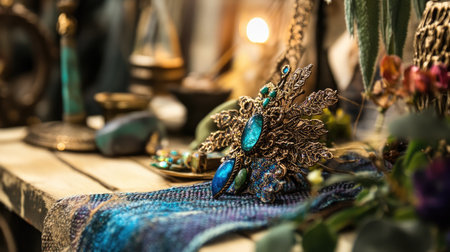 This captivating image features a beautifully arranged vintage jewelry piece, showcasing intricate designs and colorful stones, evoking a sense of warmth and elegance.の素材