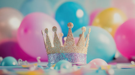 A beautiful crown sparkles in the foreground surrounded by vibrant balloons and cheerful streamers, creating a delightful scene perfect for celebrations and joyful gatherings.の素材