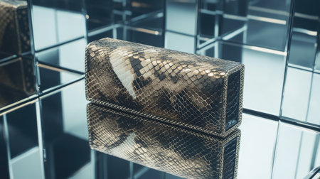 A stylish snake print clutch sits on a reflective surface, embodying luxury and modern fashion. Its elegant design complements various outfits, ideal for chic events.の素材