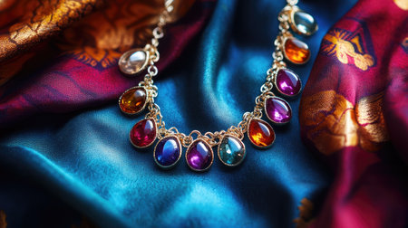 This stunning necklace features a series of colorful gemstones expertly crafted on a luxurious silk fabric backdrop. Perfect for showcasing elegance and style.の素材