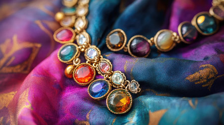 A stunning close-up of a colorful gemstone necklace resting on a silky fabric background. The intricate design highlights the vibrant colors and elegant craftsmanship.の素材