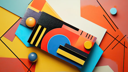 This vibrant abstract composition features colorful geometric shapes and bold elements, perfect for creative design projects and modern artwork.の素材