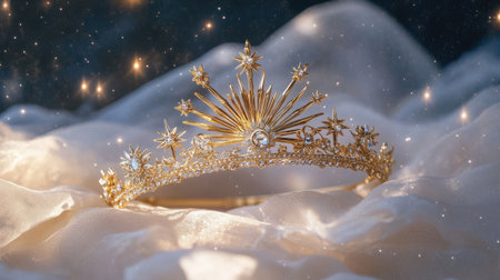 This enchanting image showcases a beautifully designed golden crown adorned with stars and sparkling jewels. Set against a soft fabric background, it exudes luxury and elegance, perfect for celebrations and events.の素材