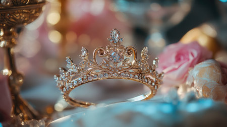 A stunning gold crown with intricate designs and sparkling jewels rests elegantly on a surface adorned with soft flowers and gentle lighting, capturing beauty and luxury.の素材