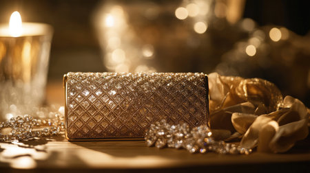 Capture the essence of luxury with this elegant gold clutch adorned with sparkling gems, perfect for special occasions and evening wear. The soft candlelight enhances the overall beauty with rich textures and glam.の素材