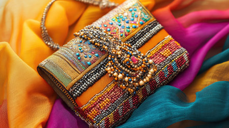 This stunning clutch purse showcases intricate beadwork and colorful fabrics, set against a vibrant silk background. Perfect for special occasions.の素材