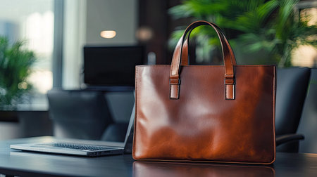 A stylish brown leather briefcase rests elegantly on a modern office desk alongside a sleek laptop, surrounded by lush greenery, perfect for professionals.の素材