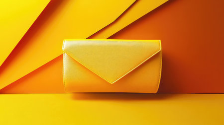 A striking image of a yellow clutch bag set against a vivid geometric background. The composition highlights modern design with bold colors, perfect for fashion-related projects.の素材