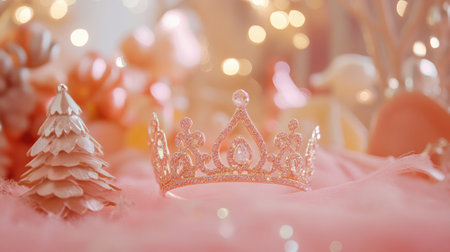 A beautiful pink crown sits elegantly on soft fabric, surrounded by sparkling decorations, creating a whimsical and enchanting atmosphere for celebrations.の素材
