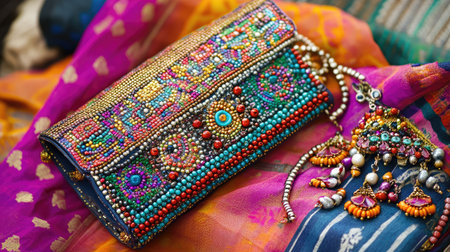 This vibrant and intricately designed embroidered clutch bag is adorned with colorful beads and paired with elegant jewelry against a bright fabric backdrop.の素材