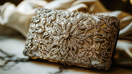 This stunning clutch purse features intricate floral embellishments and shimmering gemstones, set against a luxurious satin backdrop, perfect for special occasions.の素材