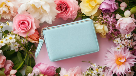 This image features an elegant blue wallet placed among vibrant flowers on a soft pink background, creating a fresh and stylish aesthetic for fashion lovers.の素材