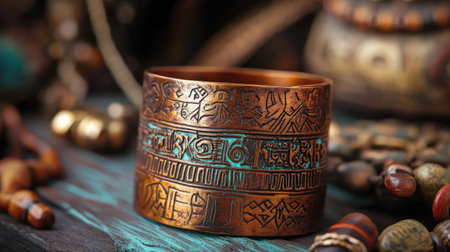 This striking bronze bracelet features intricate ancient symbols, showcasing exceptional craftsmanship. Surrounded by diverse ethnic jewelry, it reflects rich culture and history.の素材