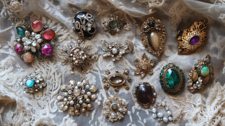A stunning assortment of vintage brooches displayed on exquisite lace fabric, featuring unique designs and colorful gemstones that capture timeless elegance.の素材