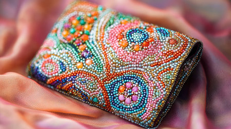 This image showcases a beautifully crafted beaded coin purse featuring a stunning floral design. The vibrant colors and intricate details highlight exceptional artistry and craftsmanship, making it a perfect accessory for style enthusiasts.の素材