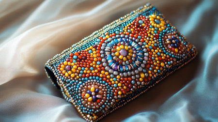 A stunning close-up of a colorful beaded clutch showcasing intricate designs on a soft silk background, perfect for fashion enthusiasts and accessory lovers.の素材