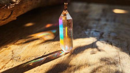 A captivating crystal pendant catches sunlight, casting vibrant colors and reflections on a wooden surface, creating a serene atmosphere. Perfect for jewelry enthusiasts.の素材