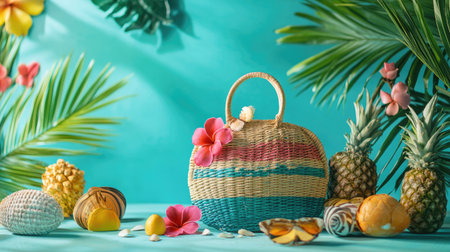 A vibrant scene featuring a colorful beach bag among tropical fruits and lush leaves set against a bright blue background, perfect for summer and vacation projects.の素材