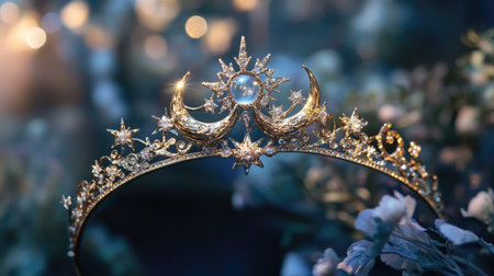 An exquisite golden tiara adorned with celestial motifs, featuring stars and crescent moons, illuminated by soft light amidst a floral background.の素材