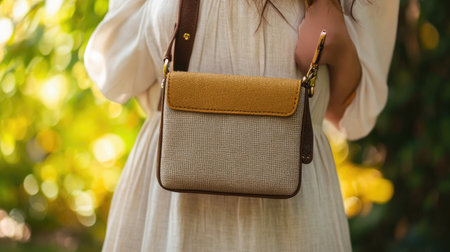 A close-up of a stylish crossbody bag showcases an elegant fabric design. The soft natural background complements the fashion accessory. Perfect for lifestyle imagery.の素材