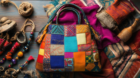 This image features a colorful handcrafted bag showcasing intricate textile patterns, surrounded by vibrant accessories and rich textures on a wooden surface.の素材