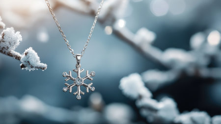 A stunning silver snowflake pendant featuring a brilliant gem, beautifully suspended from a frost-kissed branch against a soft blue backdrop.の素材