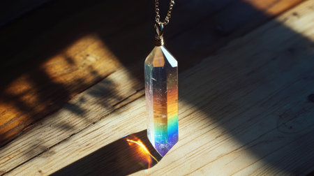 A stunning crystal pendant catching sunlight, casting rainbow reflections on a textured wooden surface, enhancing the natural beauty of the scene.の素材