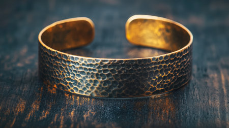 This captivating cuff bracelet features a stunning hammered texture and a luxurious golden finish. Perfect for adding elegance to any outfit.の素材