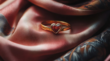 A stunning heart-shaped ring featuring a vibrant red gemstone resting on luxurious silk fabric. This elegant jewelry piece is perfect for romantic occasions.の素材