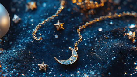 A stunning gold crescent moon necklace displays intricate details, surrounded by shimmering stars on a dreamy night sky backdrop, perfect for elegant styling.の素材