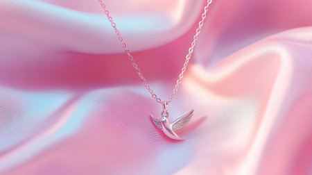 Delicate jewelry piece featuring a pink bird pendant on a satin fabric background. Perfect for showcasing elegance and style in fashion photography.の素材
