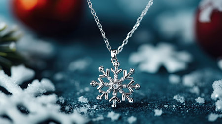 An elegant silver snowflake necklace elegantly hangs against a winter backdrop, surrounded by snow and ornaments, perfect for seasonal fashion.の素材
