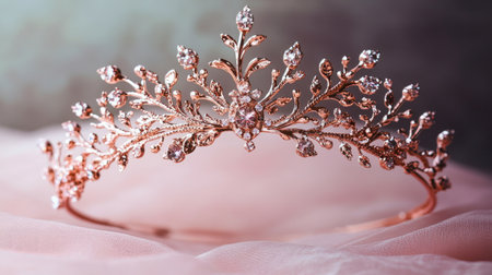 Discover a stunning rose gold tiara showcasing an intricate floral design adorned with sparkling crystals, perfect for special occasions and bridal elegance.の素材