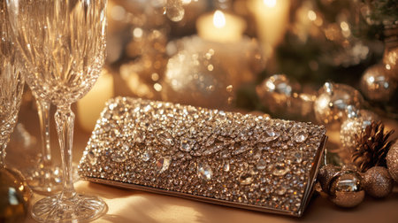 A stunning metallic clutch purse embellished with crystals rests elegantly on a festive table adorned with candles and decorations, exuding luxury.の素材