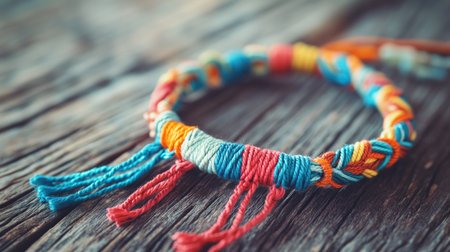 A colorful handmade friendship bracelet rests on a rustic wooden surface, showcasing intricate patterns and vibrant yarns, perfect for gifts or personal style.の素材