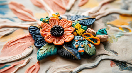 A stunning close-up of a vibrant handmade flower sculpture featuring intricate details and textures, set against an abstract artistic background. Ideal for art lovers.の素材