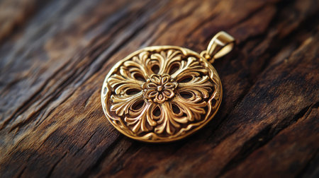 This stunning gold pendant showcases intricate floral designs, perfect for adding a touch of elegance to any outfit. Beautifully set on a wooden surface, the captivating details invite admiration and highlight luxurious craftsmanship.の素材