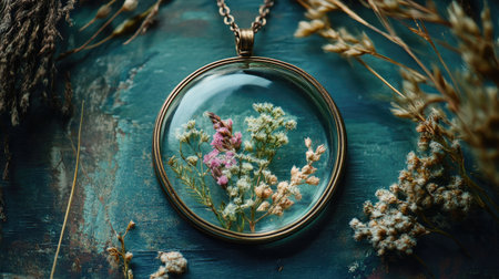 Beautiful pendant featuring dried flowers encased in glass, showcasing a blend of colors and textures, perfect for nature lovers and fashion enthusiasts.の素材