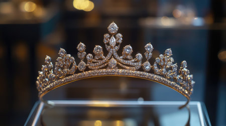 This exquisite golden tiara adorned with shimmering diamonds is showcased in a luxurious display, symbolizing elegance and royal charm.の素材