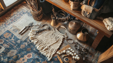 A cozy artisan workshop showcasing handcrafted textiles and vintage tools on rustic wooden shelves. The warm ambiance invites creativity and artistry.の素材